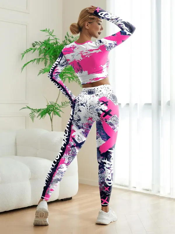 Women's Patchwork Print Crop Top & High Waist Leggings Set, Sporty Breathable Comfy Outfits for Yoga Gym Workout Running, Ladies Clothes for All Seasons 0