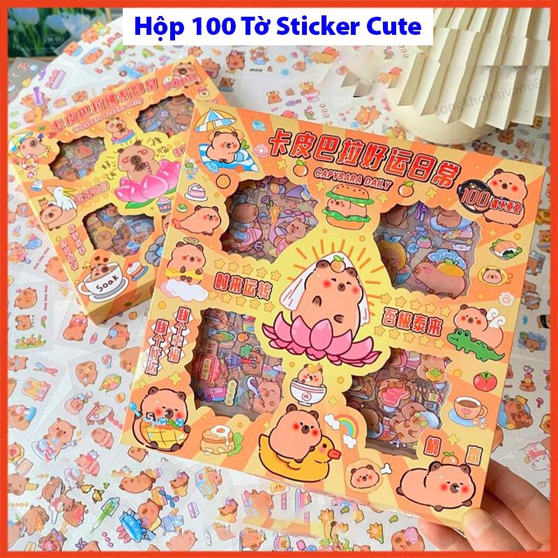 Hộp 100 tấm sticker Capy cute dễ thương,set 100 tờ sticker trang trí dán tập vở, bình nước, bút và nhiều vật dụng khác