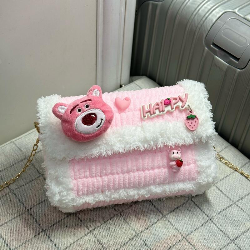 TÚI ĐAN SẴN HANDMADE DIY STICKER GẤU DÂU, TÚI ĐAN SẴN HOÀN CHỈNH Bag Nữ Len Nhung Đeo Chéo Lady Đeo Vai Da Tote Da Tote