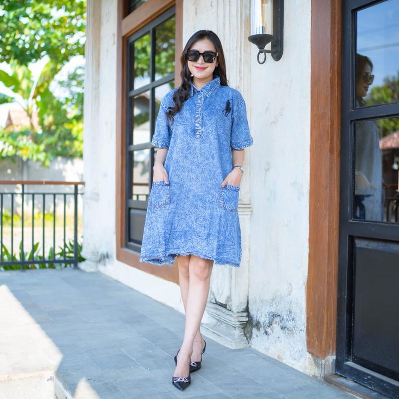 Baju Dress Jeans Casual Wanita Jumbo Motif Polos Bordir Kancing Midi Panjang Pesta Dewasa Atasan Hitam Navy Terusan 3