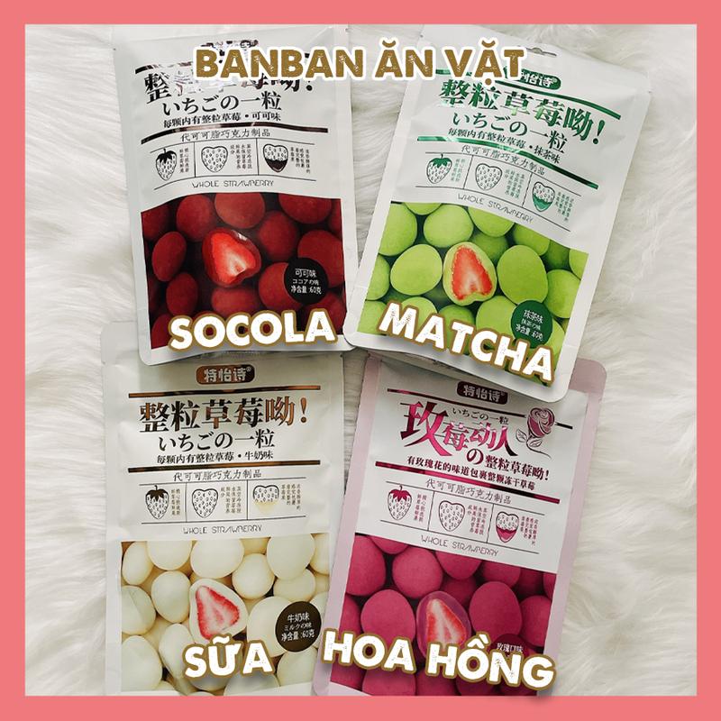 Socola Bọc Dâu Tây Sấy Lạnh 60G - Kẹo Socola Matcha Sữa Hoa Hồng Bọc Dâu Hot Hit - Dâu Sấy Giòn Nguyên Quả