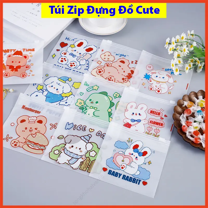 Túi zip nhỏ túi mini lụa cute nhiều nhân vật hoạt hình, họa tiết dễ thương mờ có khóa kéo thiết kế đơn giản tiện dụng