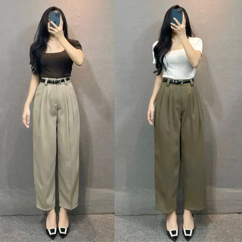 Quần Baggy Công Sở Lưng Cạp Cao Dáng Thụng Chất Vải Gold Nhật Cao Cấp Kèm Đai [Hàng Thiết Kế Cao Cấp Chathimy] Nữ Women tây Kem Pants Nhung Lưng Cao Kaki 1
