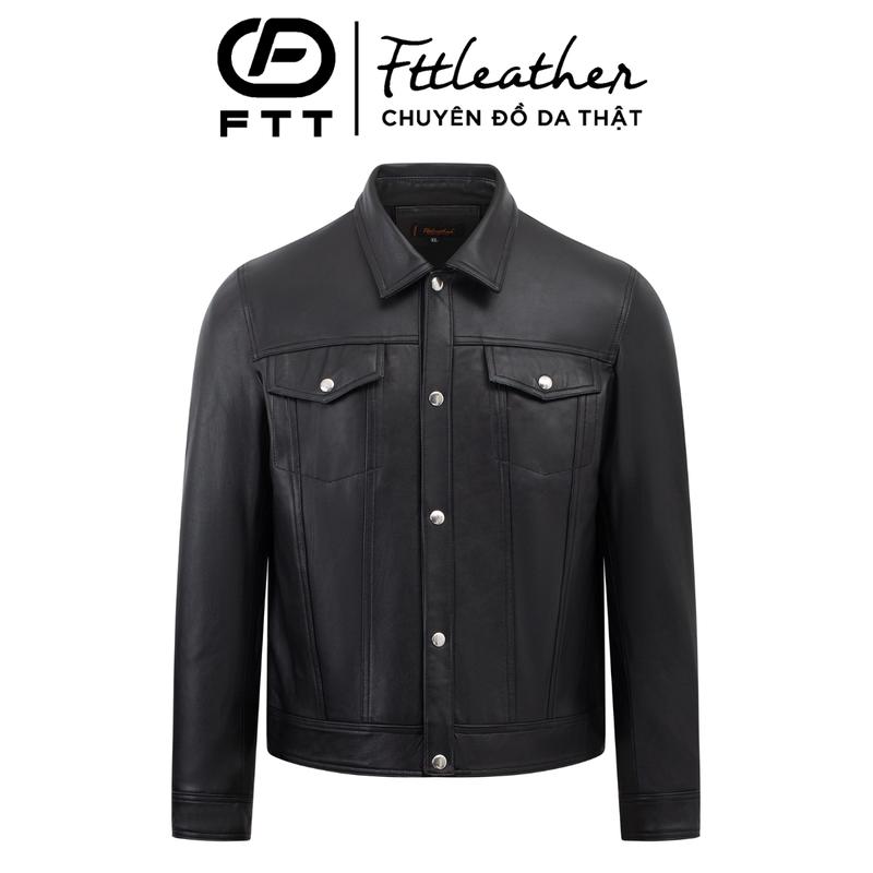 Áo da thật áo da cừu nam cổ bẻ Collar Jacket Fttleather dáng croptop túi hộp chìm cúc trắng sang trọng lịch sự AD413C40