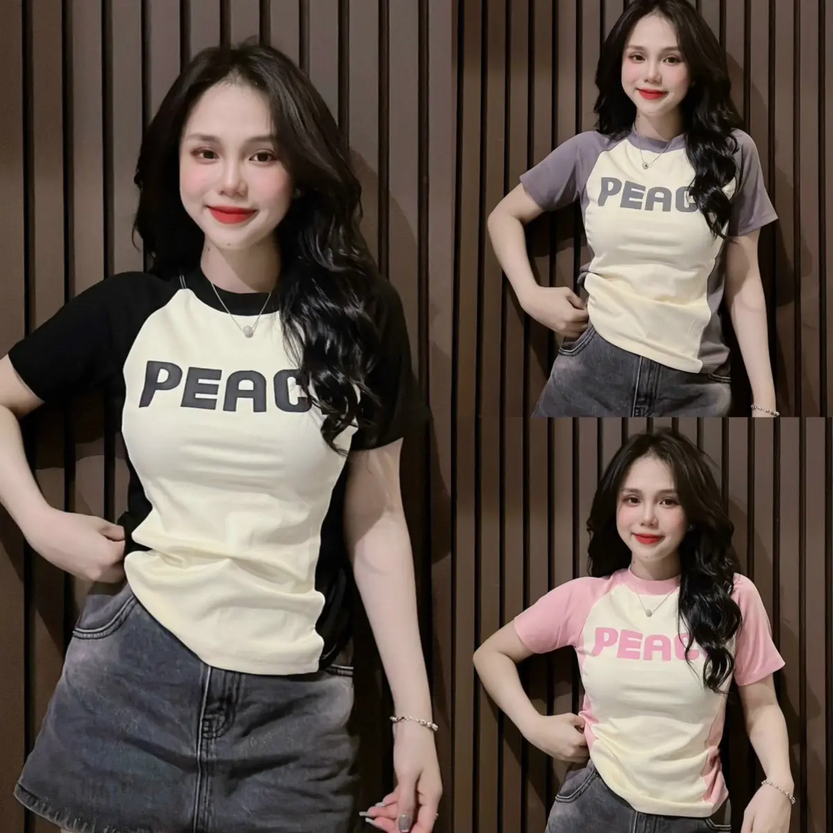 Áo thun nữ Baby tee dáng ôm viền cổ phối thân ( Mã PEACE )