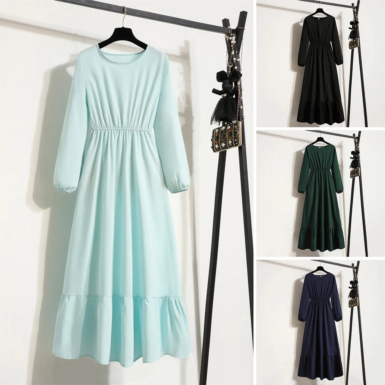 gngingy Women Spring Fall Dress Pleated Long Sleeve Round Neck High Waist Loose Hem Dress-up A-line Patchwork Lady Maxi Dress Female Clothes