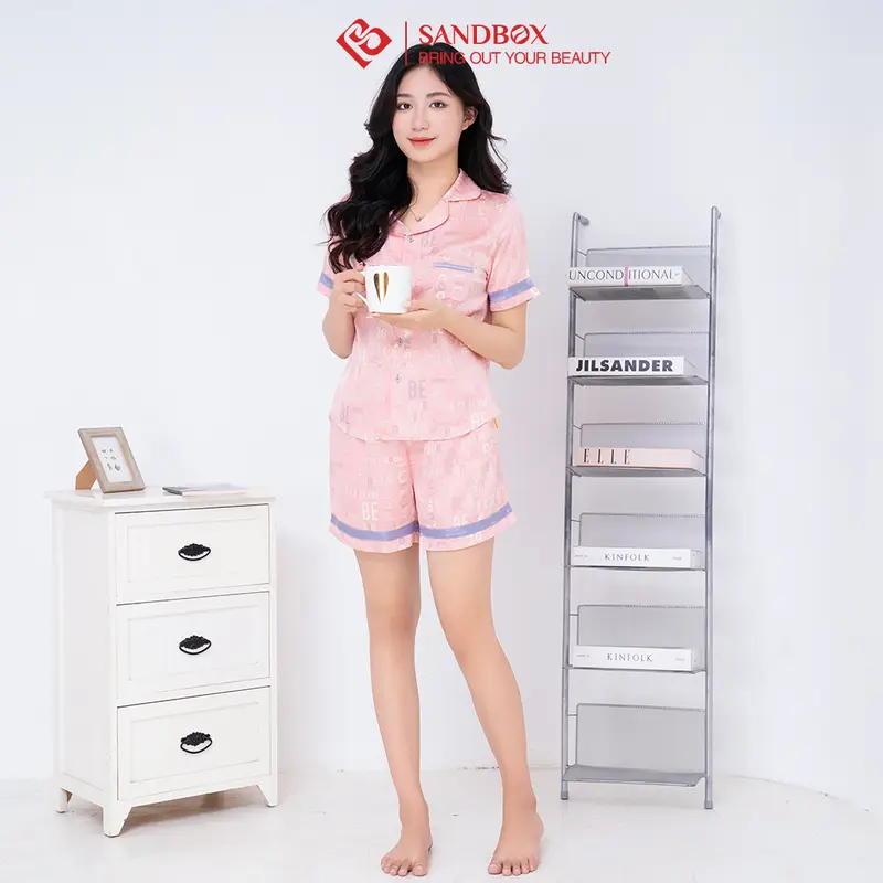 Bộ mặc nhà nữ SANDBOX bộ Pijama ngắn tay quần đùi chất lụa mềm mại, trẻ trung BLD23004 -2 Nhung Áo Ngủ Quần Ngủ Women Nho 7