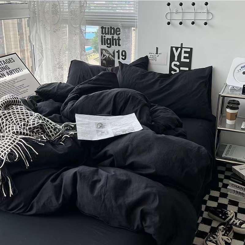 Bộ chăn ga gối cotton tici  cotton đũi trơn dày decor phòng ngủ vintage màu đen tuyền full đủ mọi cỡ nệm Cotton 5