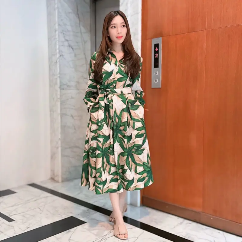 FADFAD Gaun Rok Panjang Sedang Lengan Panjang Bermotif Cantik Gaya Modis 0