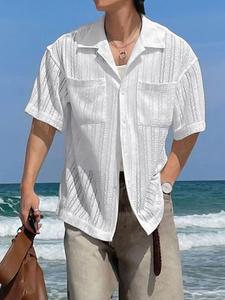 Men's Solid Jacquard Knitted Short Sleeve Shirt, High Stretch Casual Button Front Chest Pocket Design Collared Top for Summer, Fashion Men's Clothes for Daily Wear