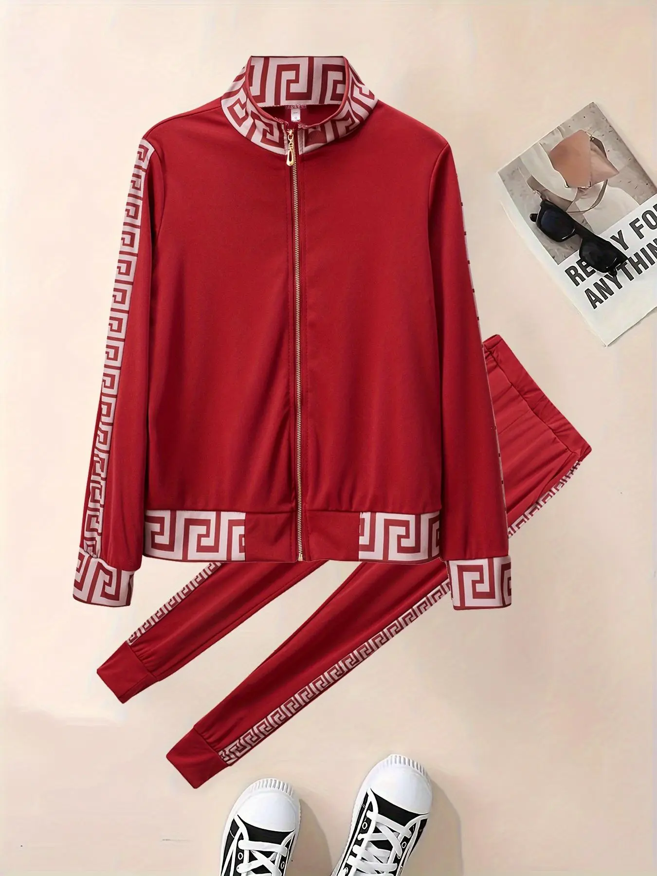 Women's Geometric Print Zip Up Jacket & Elastic Waist Pants Two-Piece Set, Casual Long Sleeve Mock Neck Zip Front Outerwear & High Waist Trousers for Spring & Fall, Women's Clothes for Daily Wear