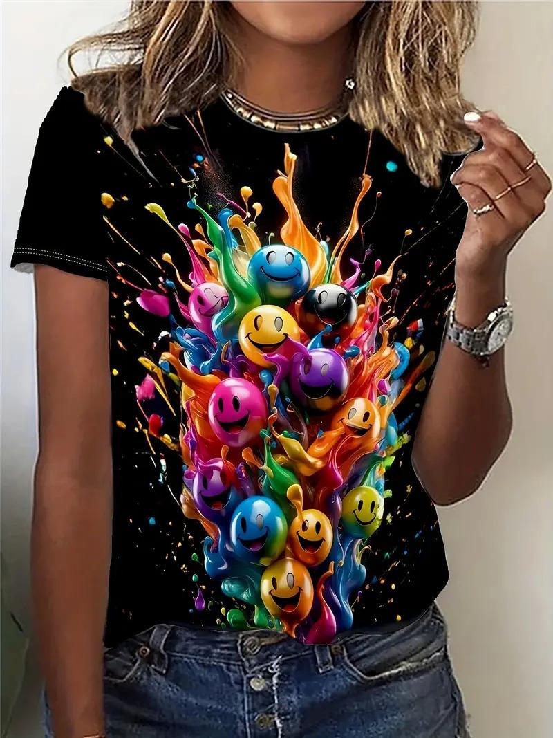 Product Introduction of 2025 New Casual Loose Fashion Casual Cartoon Character Flower Pattern Short Sleeve Round Neck T-shirt ME13 9