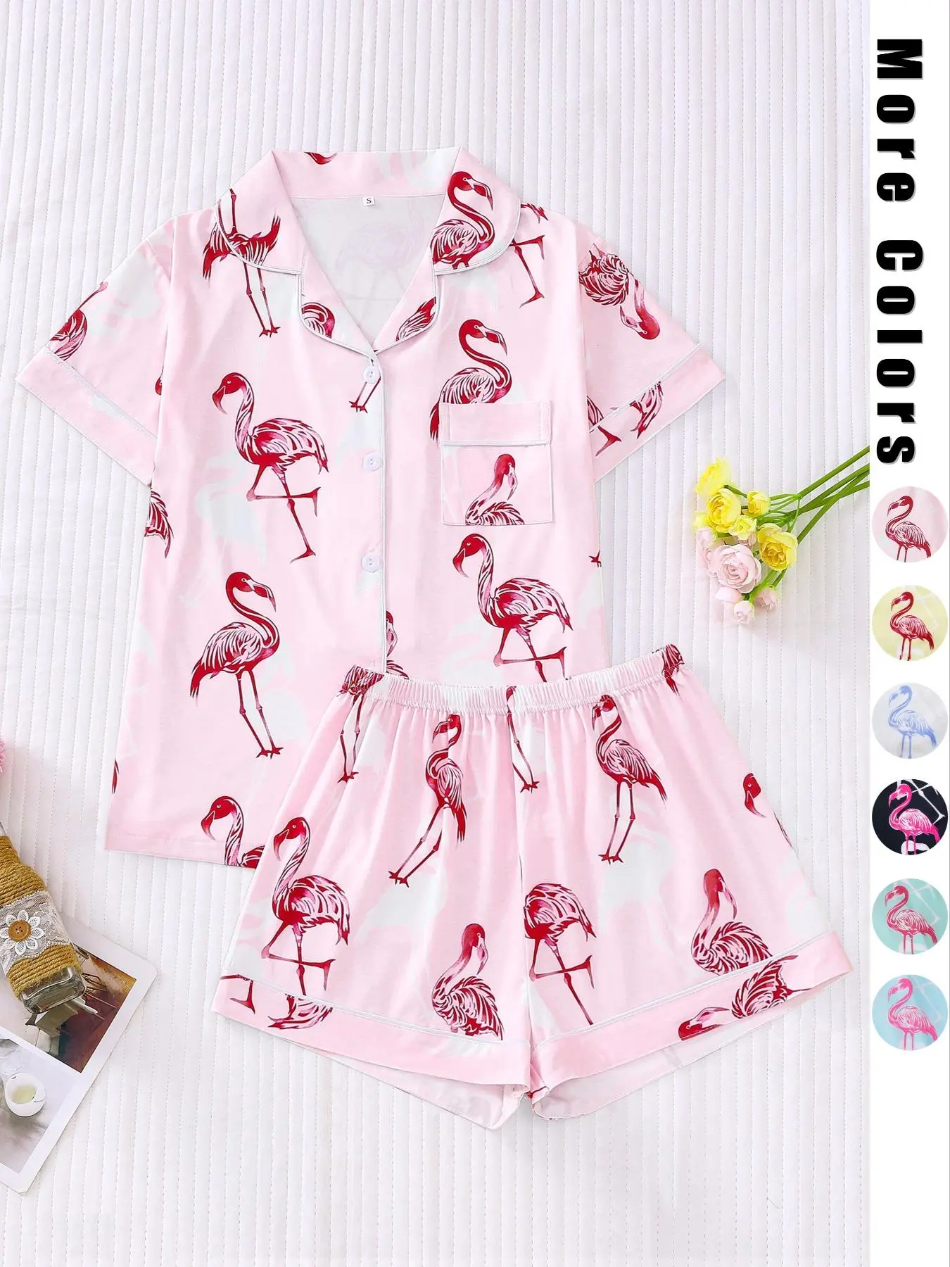 Women's Flamingo Print Lapel Pocket Shirt & Elastic Waist Shorts Pyjama Set, Casual Comfy Button Front Short Sleeve Top & Shorts Pj Set, Pyjamas for Women, Pajama Sets Women, Ladies Sleepwear for All Seasons