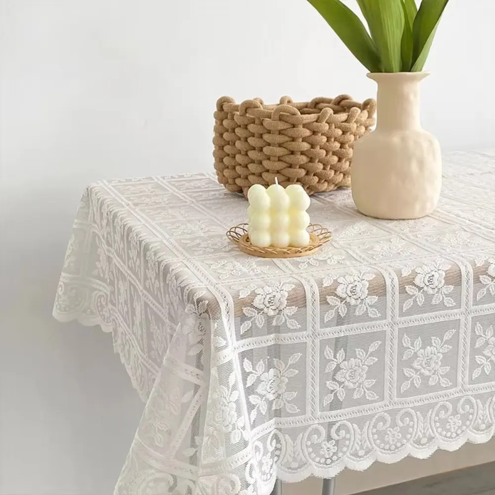 youmoot New Rustic Lace Tablecloth White Flower Embroidered Home Dust-proof Cover Table Cloth Party Valentine's Day