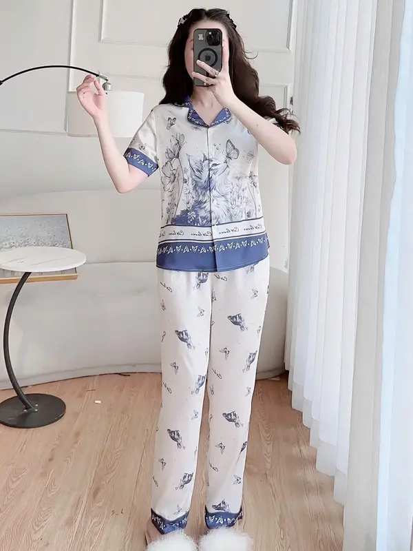 Bộ đồ mặc nhà CLOVER, bộ đồ thiết kế tay cộc quần dài phối họa tiết Mèo Sang Trọng và lịch sự BPCL24011 Ong Nữ Nữ Áo 1