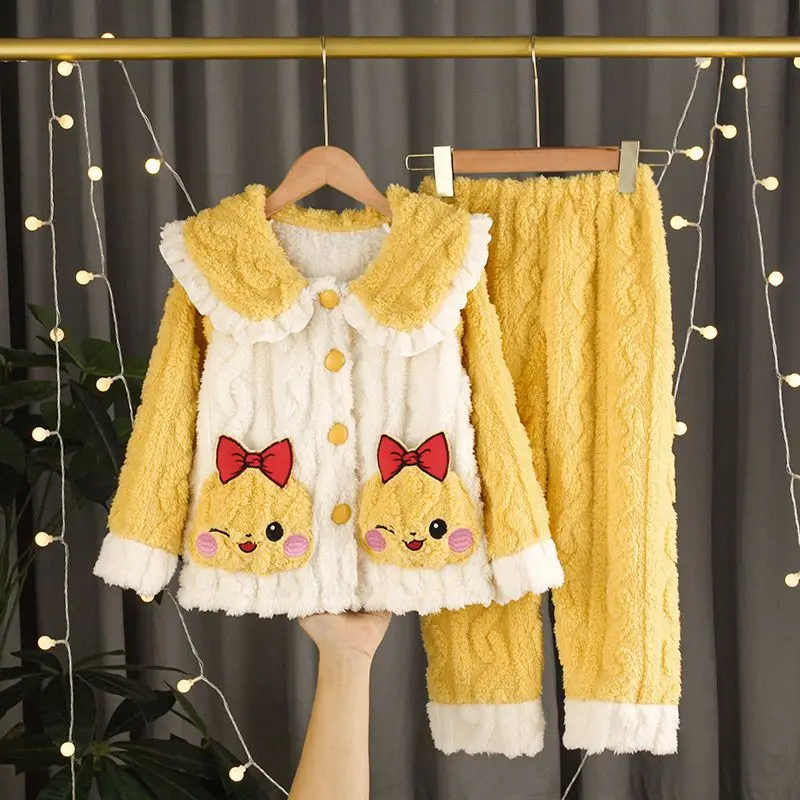 Đồ Ngủ Mùa Đông Cho Trẻ Em, Lông Cừu San Hô, Vừa Và Lớn, Vải Flanen Dày, Phong Cách Công Chúa Dễ Thương, Bộ Đồ Dài Tay, Đồ Mặc Nhà 3