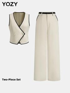 YOZY Women's Contrast Binding Double Button Vest Blazer & Wide Leg Pants Two-piece Set, Elegant Fashion Casual Two Piece Outfits for Daily Outdoor Wear, Ladies Clothes for All Seasons, Suits