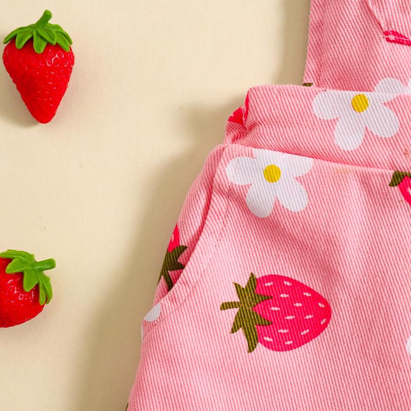 Product Introduction of Pink/ White Toddler Kid Little Girl Denim Overalls Flower/Strawberry Print Jeans Overalls Strap Suspender Shorts Outfit 6 12 18 24 Months 2-6 Years Old Kid 49