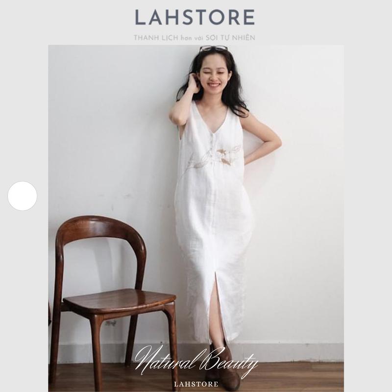 Đầm suông Linen Hàn 2 lớp thêu hoa LAHSTORE, Váy suông dáng dài sát nách cổ V - DSLTH05 (Trắng) Nữ Màu Trắng