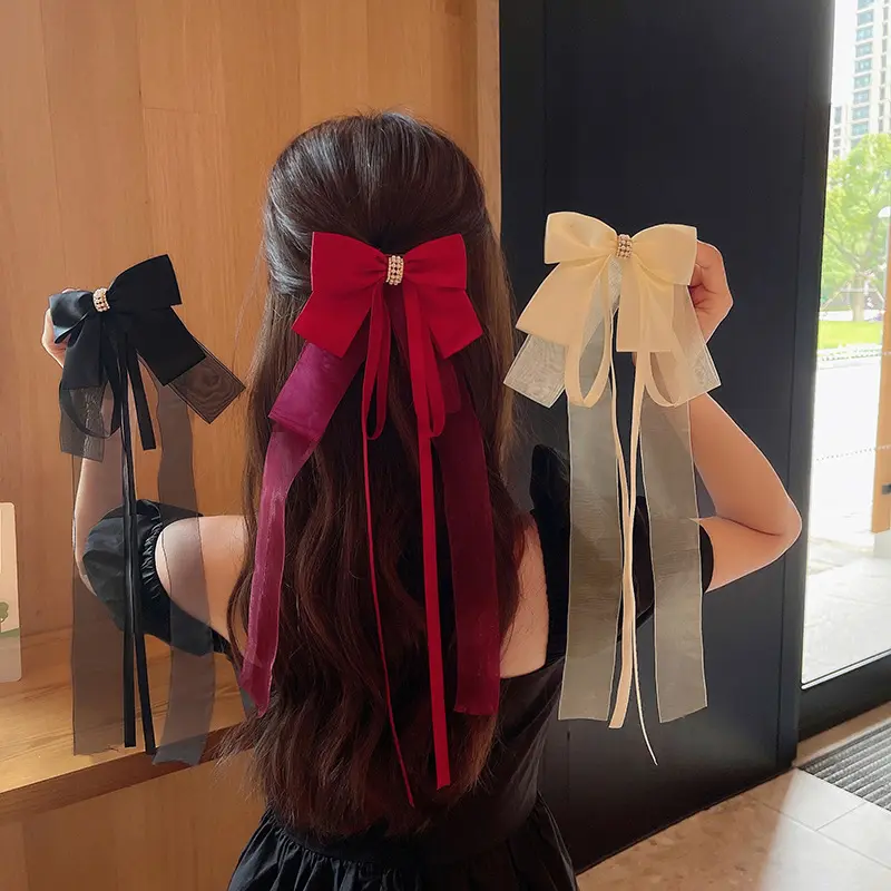กิ๊บติดผม โบว์ใหญ่ หวาน สำหรับผู้หญิงและเด็กผู้หญิง สไตล์โลลิต้า ริบบิ้นยาว กิ๊บติดผมสีทึบ ที่คาดผมหางม้าน่ารัก เครื่องประดับผมแฟชั่น