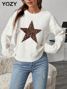 YOZY Women's Star Print Drop Shoulder Sweater, Casual Long Sleeve Round Neck Jumper for Fall & Winter, Fashion Ladies' Knitwear for Daily Wear