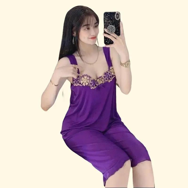Đồ bộ thun lạnh ren BÔNG - QUẦN LỬNG Nữ Women Áo Quần Ngủ Nhung Top