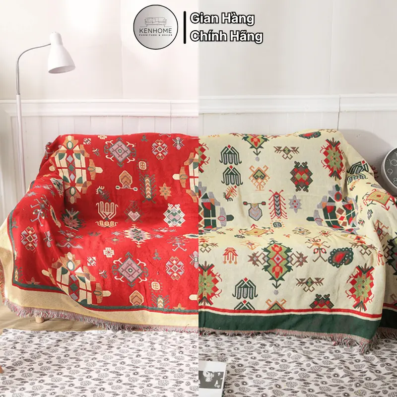 Khăn Trải Sofa Họa Tiết 2 Mặt, Thảm Trải Bàn Phối Ren Tua Rua, Thảm Picnic Phong Cách Bắc Âu Màu Sang Trọng, KENHOME 2