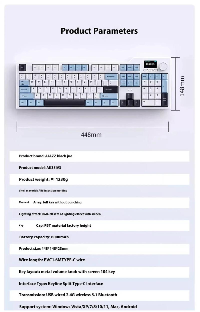 Product Introduction of Ajazz AK35i V3 Wired and Wirless 3mode Mechanical Keyboard 104keys Full-key Hot Swappable with Knob and Display Five Layer Noise Reduction for Gaming and Office 11