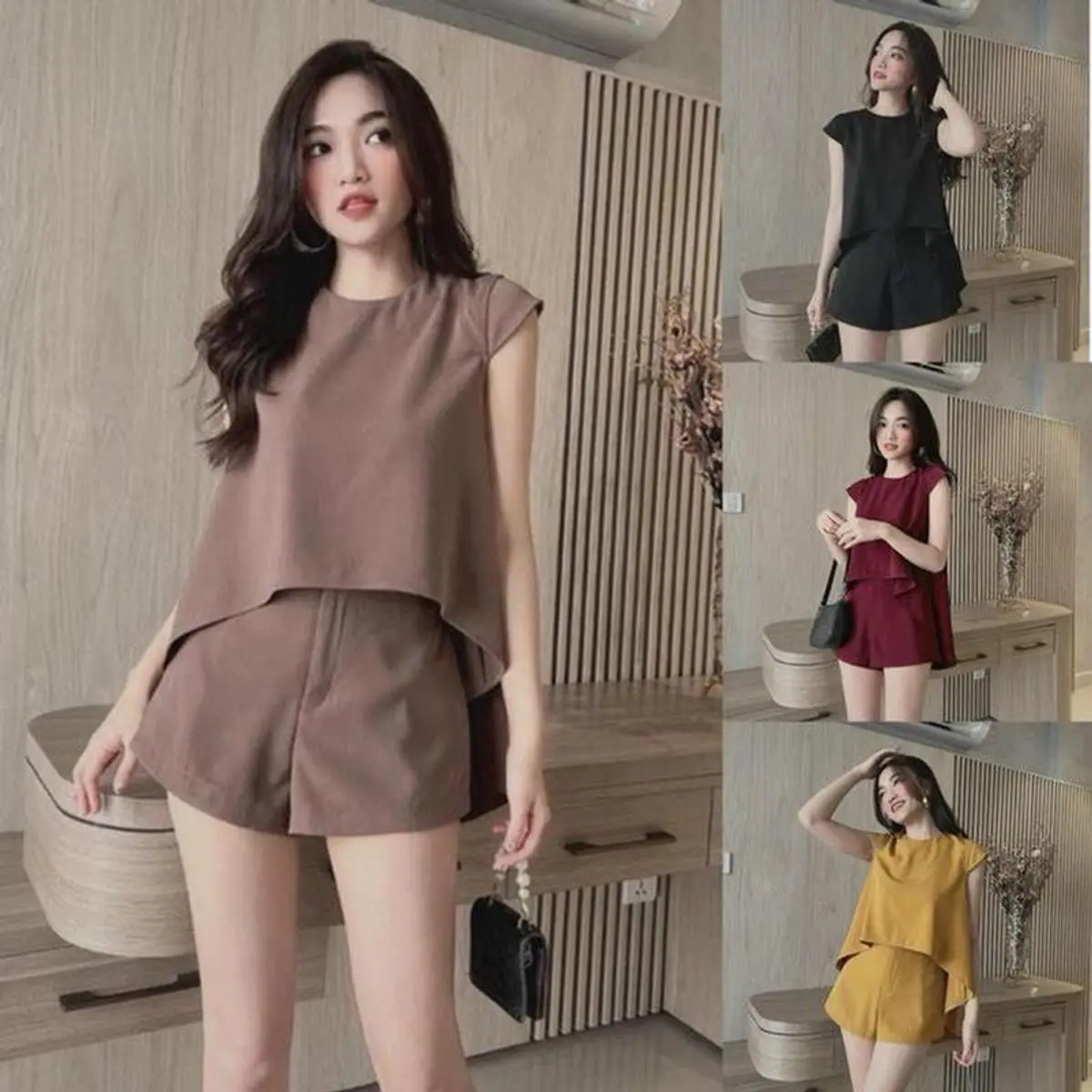 Set Bộ Áo Cánh Dơi Phối Quần Short Trơn Đơn Giản thoải mái chất vải lụa trơn mát mịn Top