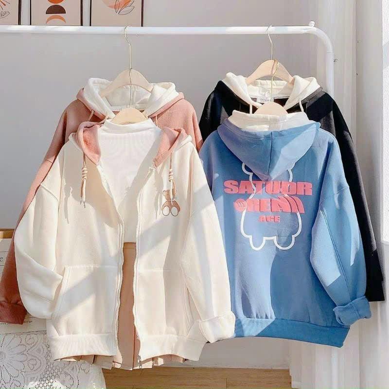 Áo Khoác Hoodie Nam Nữ Họa Tiết Hình Gấu Phối Chữ SATUDR Chất Nỉ Ngoại Cao Cấp 2 Lớp Nón Xịn Xò
