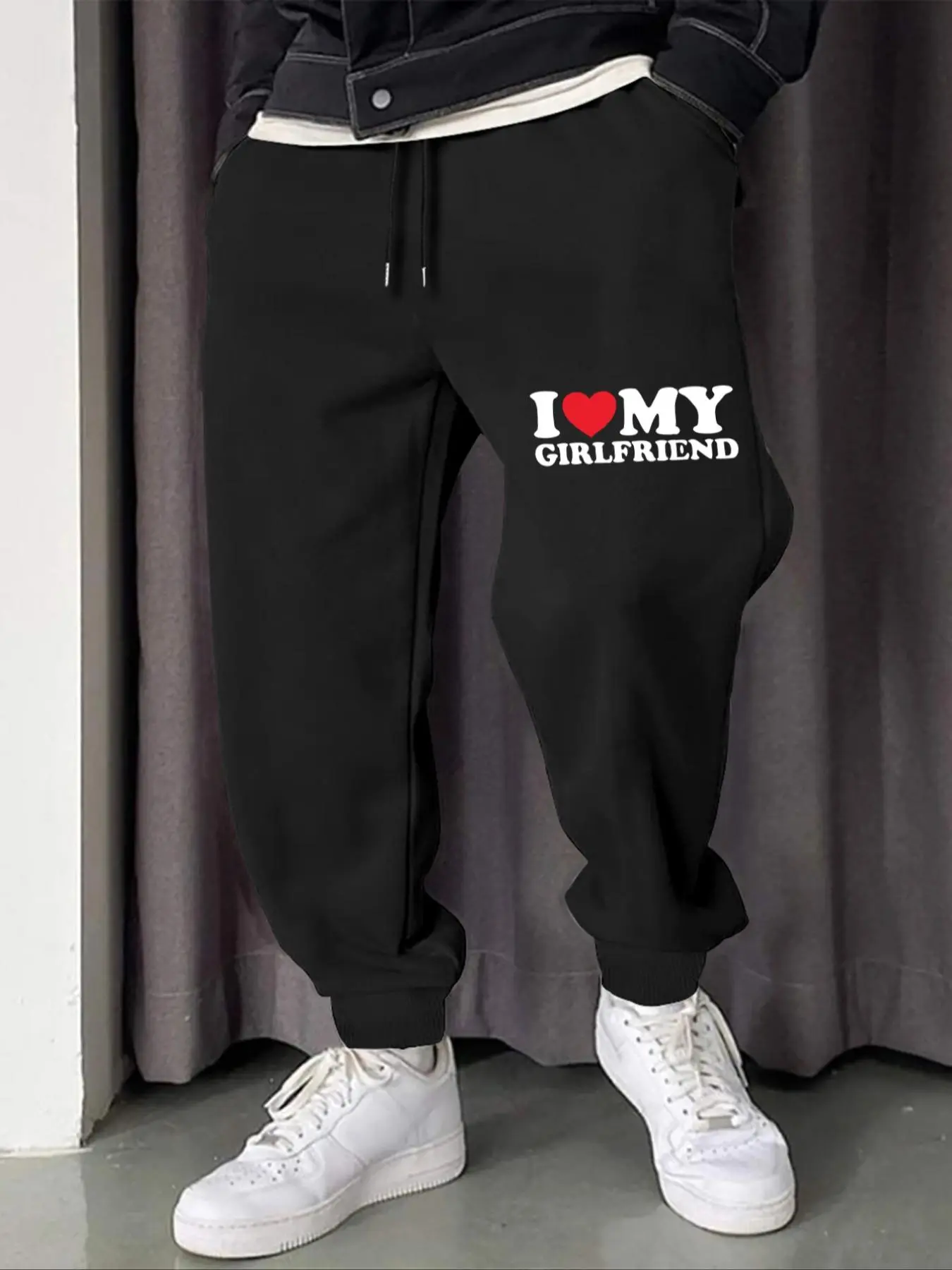 Men's "I Love My Girlfriend" Print Drawstring Sweatpants, Regular Fit Casual "I Love My GF" Print Pocket Jogger Pants, Fun Graphic Trousers