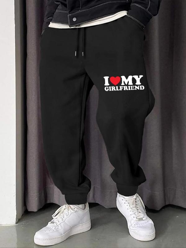 Men's "I Love My Girlfriend" Print Drawstring Sweatpants, Regular Fit Casual "I Love My GF" Print Pocket Jogger Pants, Fun Graphic Trousers 8