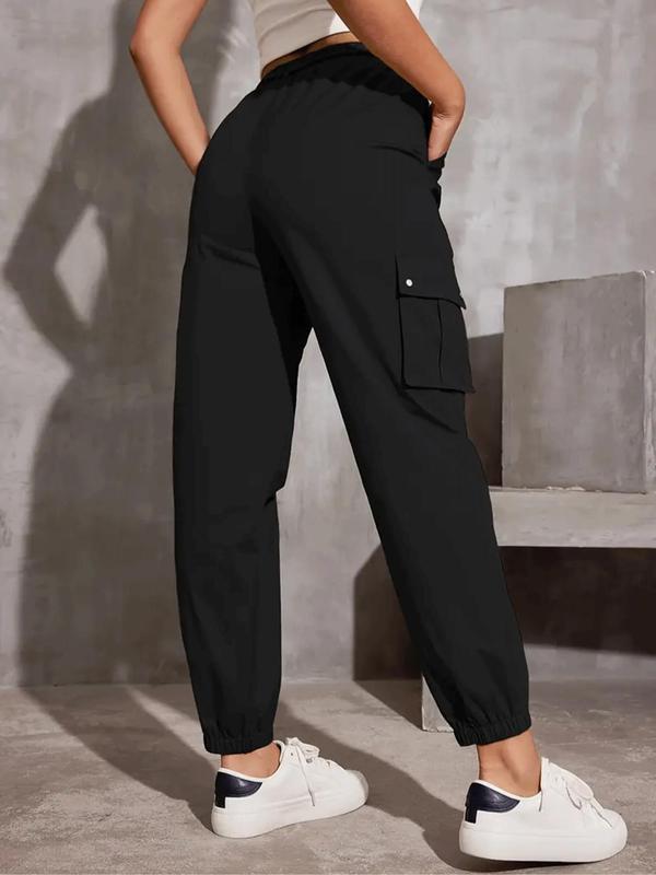 Women's Solid Pocket Drawstring Cargo Pants, Casual Y2K Style Pants for Daily Wear, Ladies Bottoms for Spring & Fall 5