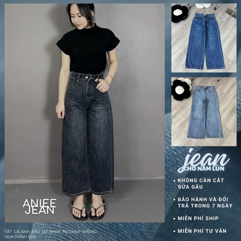 Quần jean ống suông nữ Aniee , vải denim cotton, form lửng | suông đen Voi Women Ong quần jean nấm lùn