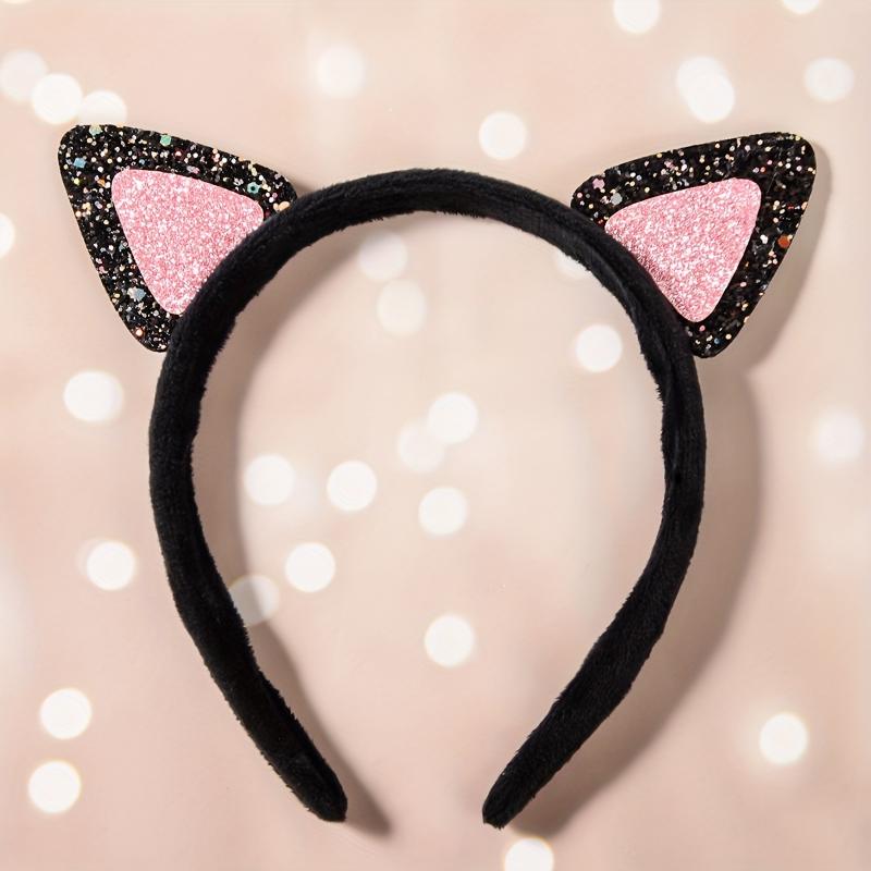 1pc Cute Cat Ear Headband with Glittery Pink Accents  Black & White Design for Parties, Christmas, New Years, Valentines Day, and Back-to-School Accessories, 2
