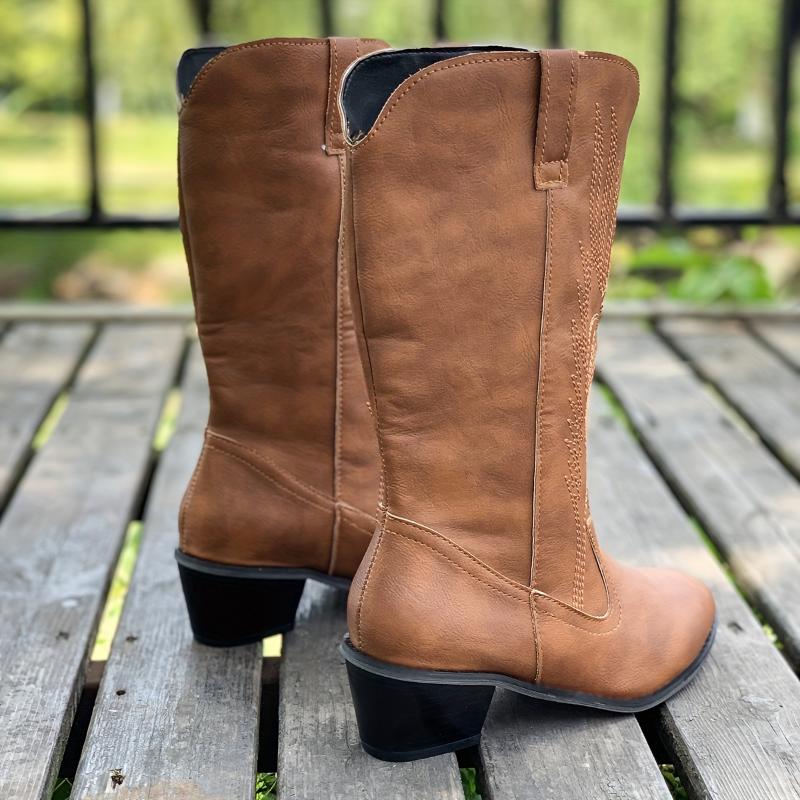 Women's Solid Color Chunky Heel Boots, Fashion Point Toe Mid Calf Boots, Stylish Western Cowboy Boots 2