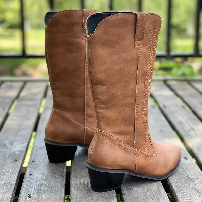 Women's Solid Color Chunky Heel Boots, Fashion Point Toe Mid Calf Boots, Stylish Western Cowboy Boots 2
