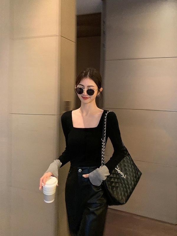 Product Introduction of OOTD Dralon-Áo Cổ Vuông Cho Nữ, Màu Tương Phản, Thiết Kế Phong Cách Pháp Mùa Thu, Dáng Ôm, Giảm Béo Và Ấm Áp, Lớp Đế Trong, Áo Phông 5