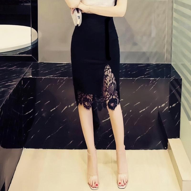  LUMI Fashion - Chân váy bút chì sẻ đùi phối ren dài thời trang công sở Nữ Women Đen 