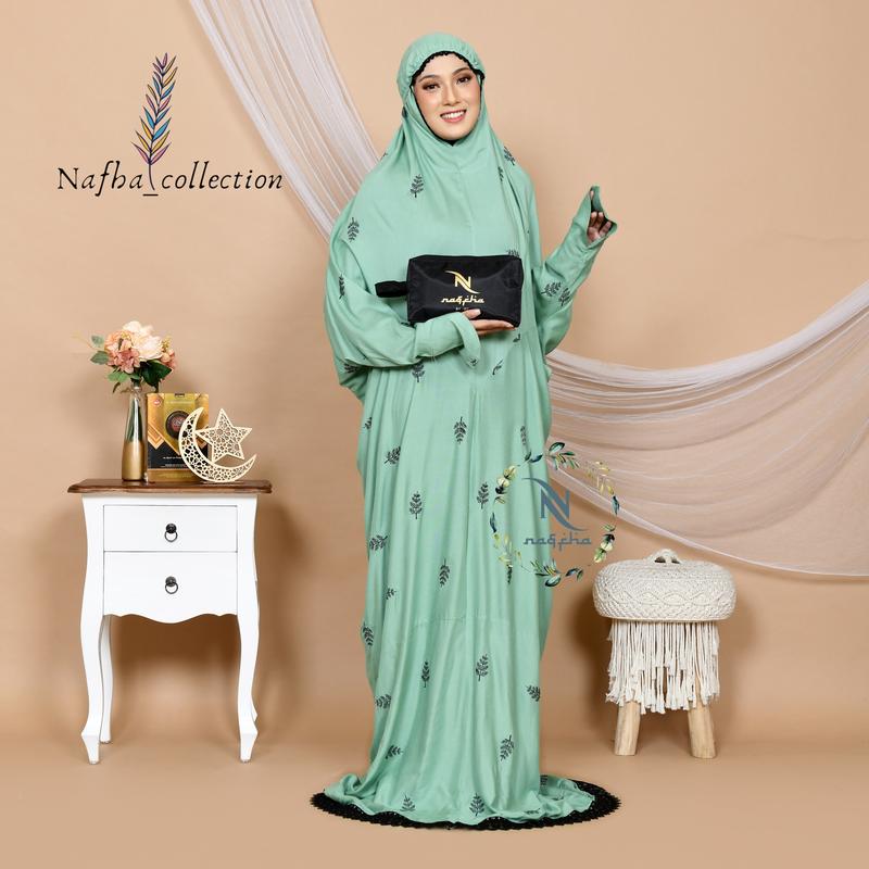 NAFHA - Mukena Terusan Dewasa Nafha Bordir Daily Tropical Katun Mukenah Rayon Wanita Muslim Putih Traveling Panjang 4