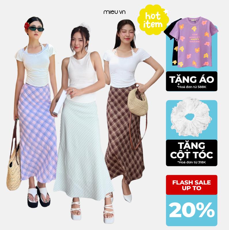 Chân Váy Dài Đuôi Cá Caro MIEU Váy Thường Ngày Xinh Dáng Dài Vintage Thanh Lịch Có Lót Trong - LM04 Nữ Women 3 màu Tim Nâu Xanh