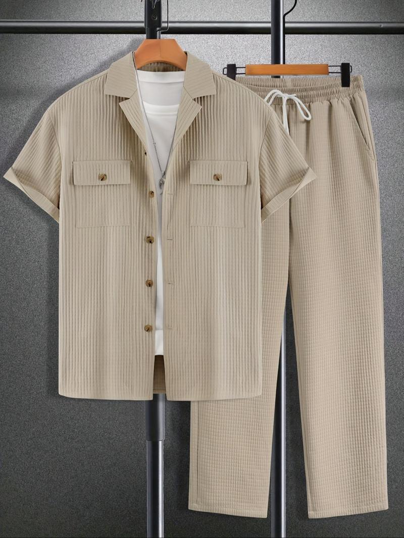 Product Introduction of Two-Piece Set Men's Plain Pocket Button Front Shirt & Drawstring Waist Pants Set, Regular Fit Casual Short Sleeve Lapel Neckline Top & Elastic Waist Trousers, Men Outfits for Summer 1
