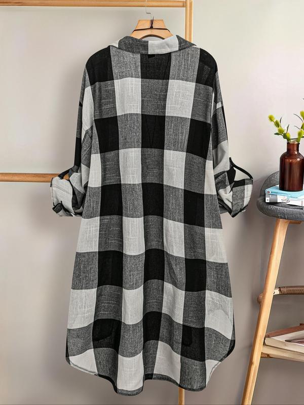 【Plus Size】 Women's Plaid Print Button Front High Low Hem Shirt, Casual Roll Up Sleeve Collared Top for Daily Wear, Ladies Clothes for All Seasons 1