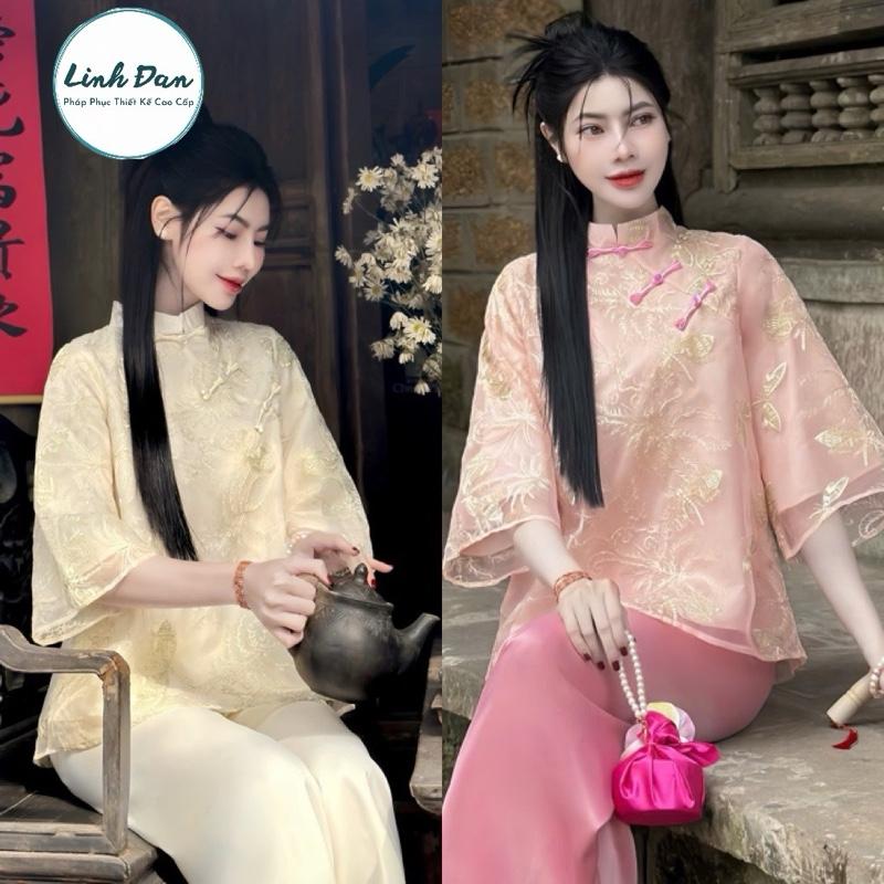  Linh Đan Bộ quần áo đi chùa tơ thêu nổi cổ tầu đính cúc đá hai lớp cao cấp -  Kem Women Nữ Voi 