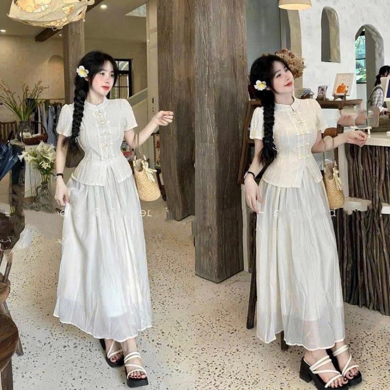  SÉT ÁO CỔ TÀU NÚT TÀU CHẤT THUN GÂN SÓNG KÈM CHÂN VÁY VOAN CHINFON  CÓ LÓT freesize 40-58kg,eo<75cm 