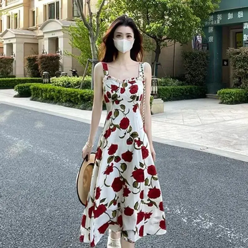 Floral Strap Dress Female Summer New Sense Tea Break Seaside Holiday Rose Dress