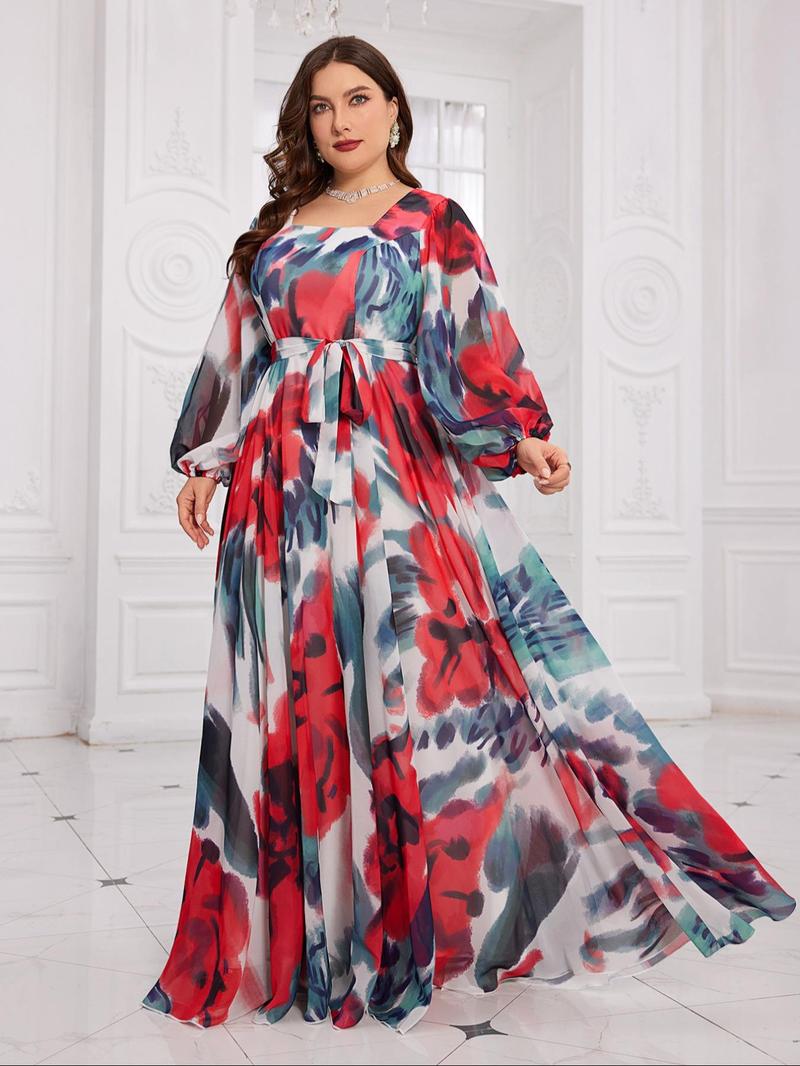 Product Introduction of 【Plus Size】 All Over Print Chiffon Dress, Elegant Evening Party Gown, Women's Clothes for Spring & Fall, Womenswear 5