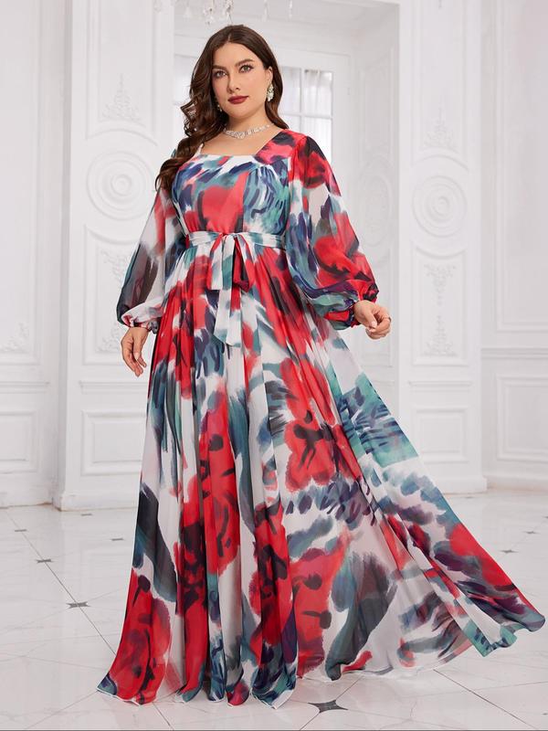 【Plus Size】 All Over Print Chiffon Dress, Elegant Evening Party Gown, Women's Clothes for Spring & Fall, Womenswear 4