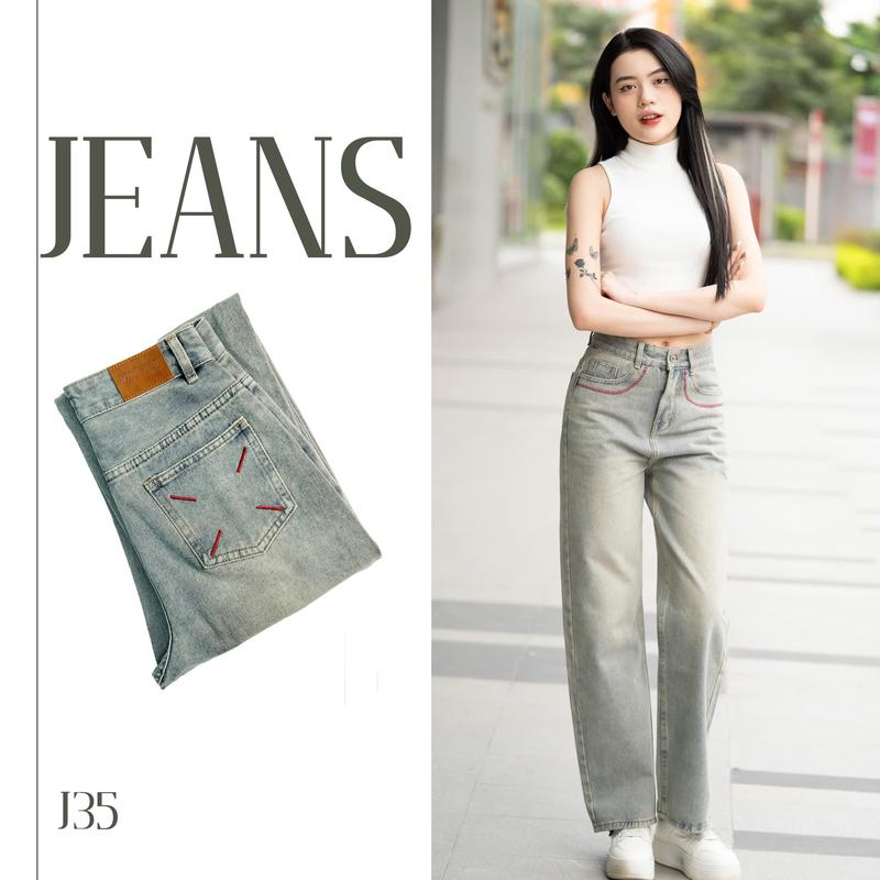 ( J - 35 ) Quần Jean Form Ống Suông Nữ ,  tone màu xám sữa wash bụi , điểm nhấn thêu chỉ đỏ viền túi  trước , túi sau thêu góc túi đối xứng Nữ Women Pants