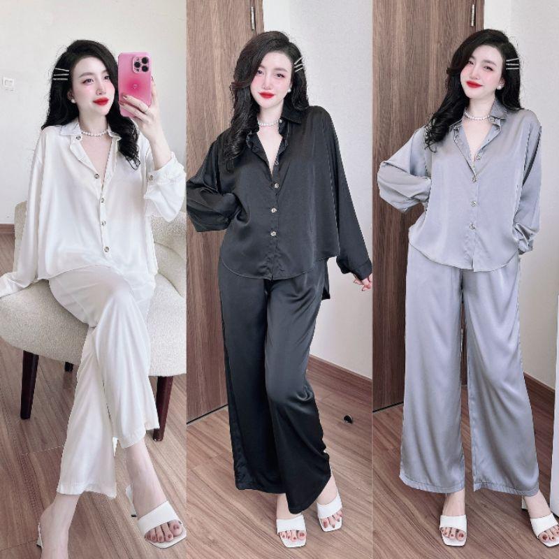 Đồ bộ pyjama nữ Áo sơ mi tay dài quần dài quần tây ống xuông có túi lụa Latin màu Trơn sang trọng Women pijama macnha